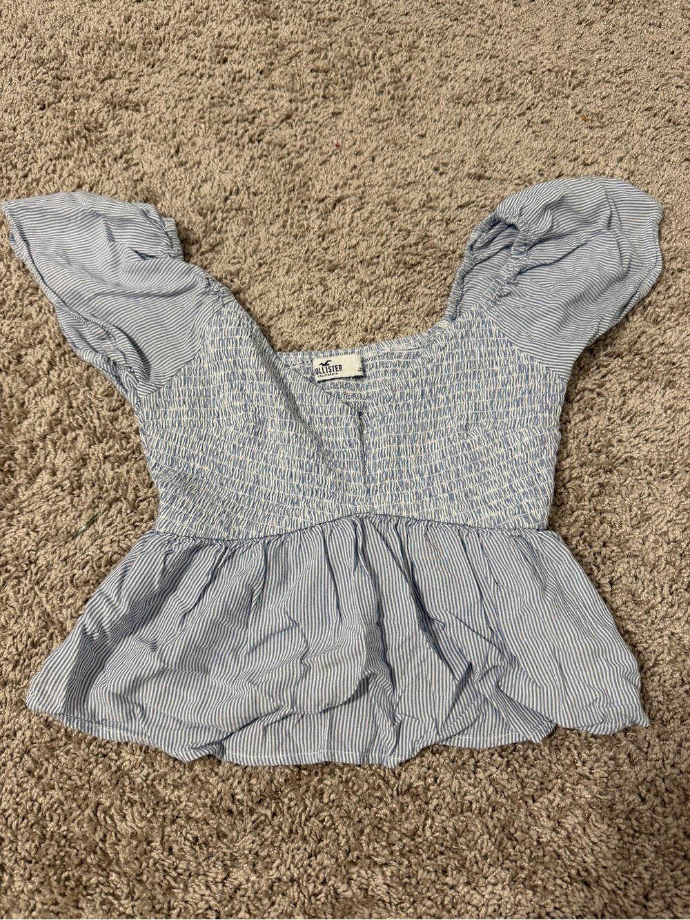 Hollister Light Blue & White Striped Smocked Peplum Blouse